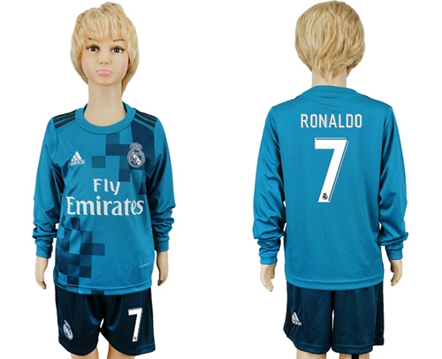 Real Madrid #7 Ronaldo Sec Away Long Sleeves Kid Soccer Club Jersey - Click Image to Close